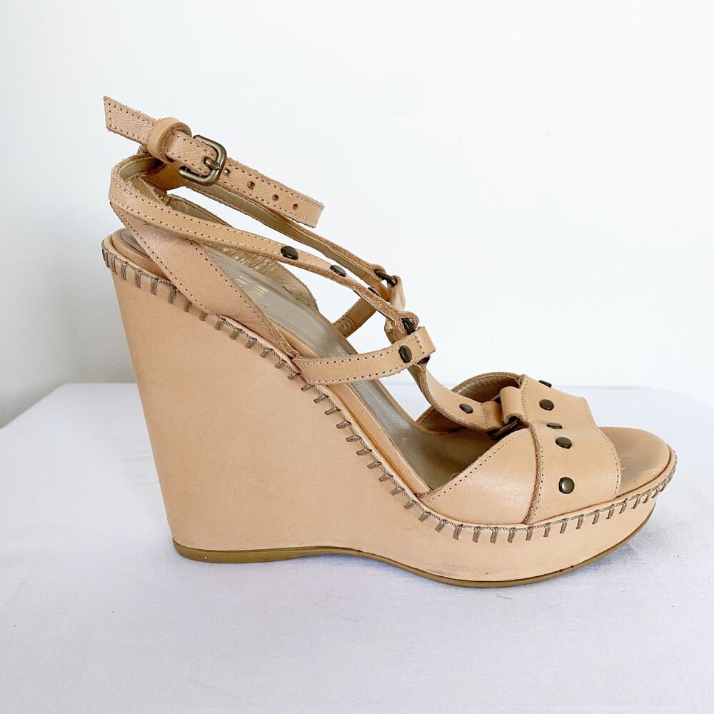 Stuart Weitzman Nude Leather Strappy Studded Wedge Sandal 6